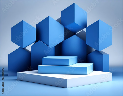 Background Image of Abstract Blue Color Geometric Shape Podium Background Modern Minimalist Mockup for Cosmetic Podium Display- Post-processed Generative AI