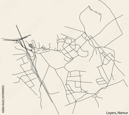 Detailed hand-drawn navigational urban street roads map of the LOYERS DISTRICT of the Belgian city of NAMUR  Belgium with vivid road lines and name tag on solid background