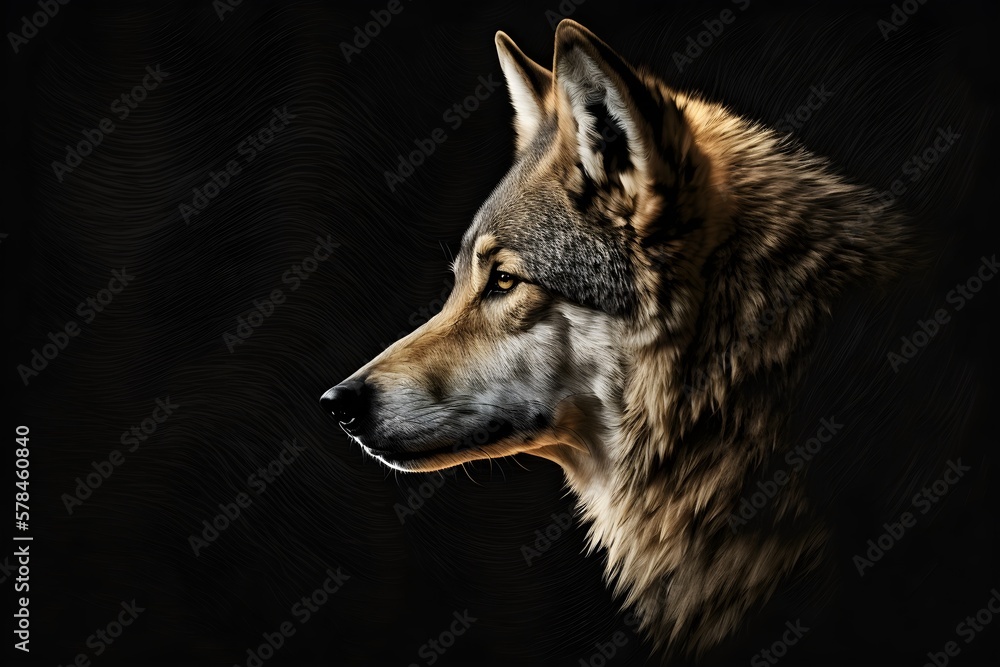 Background of a beautiful wolf. Wallpaper illustration. Front view with copy space for text information or content. Concept of tribute, celebration and greeting card, wild world. Generative AI.