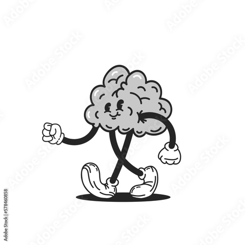 Cute brain cartoon character. Brain retro mascot. Vector illustration isolated on white background.