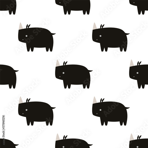 Seamless pattern with monochrome black rhinos.