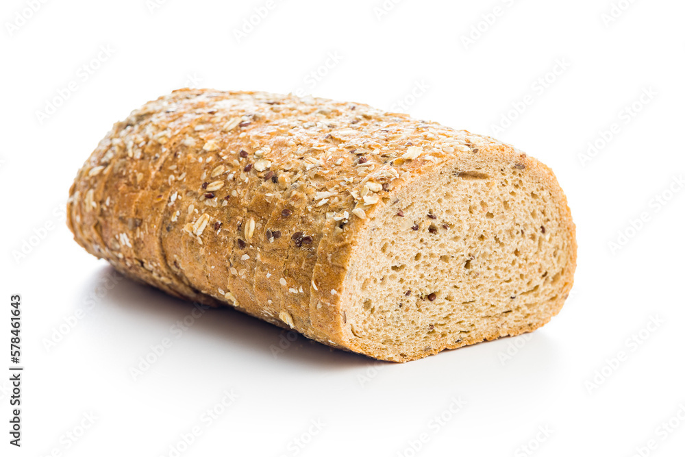Sliced whole grain bread. Tasty wholegrain pastry with seeds isolated on white background.