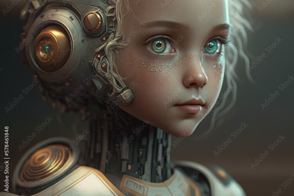 Cute little robot with big eyes. Illustration. Generative AI Cute little robot with big eyes. Illustration. Generative AI