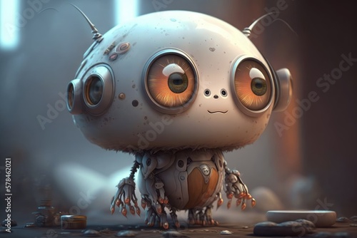 Cute little robot with big eyes. Illustration. Generative AI