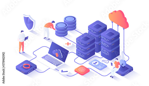 Web hosting, Сloud computing storage, Database, Network connection. Hosting servers, computer, cloud. Isometry illustration with people scene for web graphic.