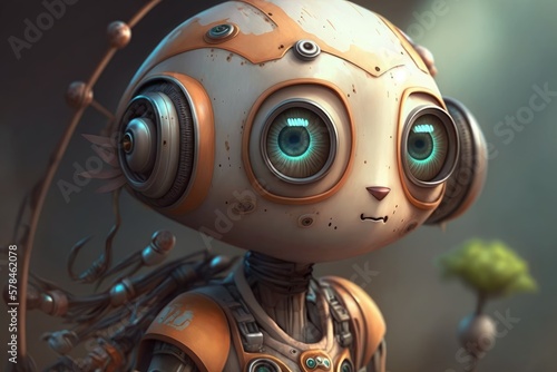 Cute little robot with big eyes. Illustration. Generative AI © vavfoto