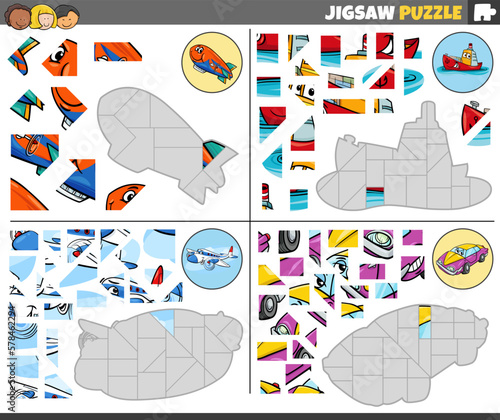 jigsaw puzzle games set with funny cartoon vehicles