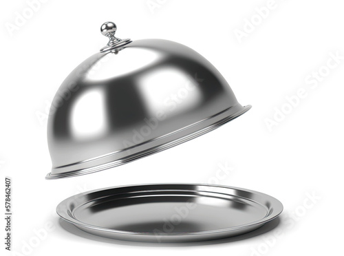 Silver Tray with Cloche Ready to Serve Isolated on White Background Service Restaurant Horeca and First Class Service Concept - Post-processed Generative AI