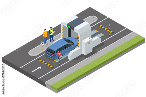 Isometric X-ray car scanner. Mobile x-ray scanning system is used against smuggling. Customs control on border checkpoint.
