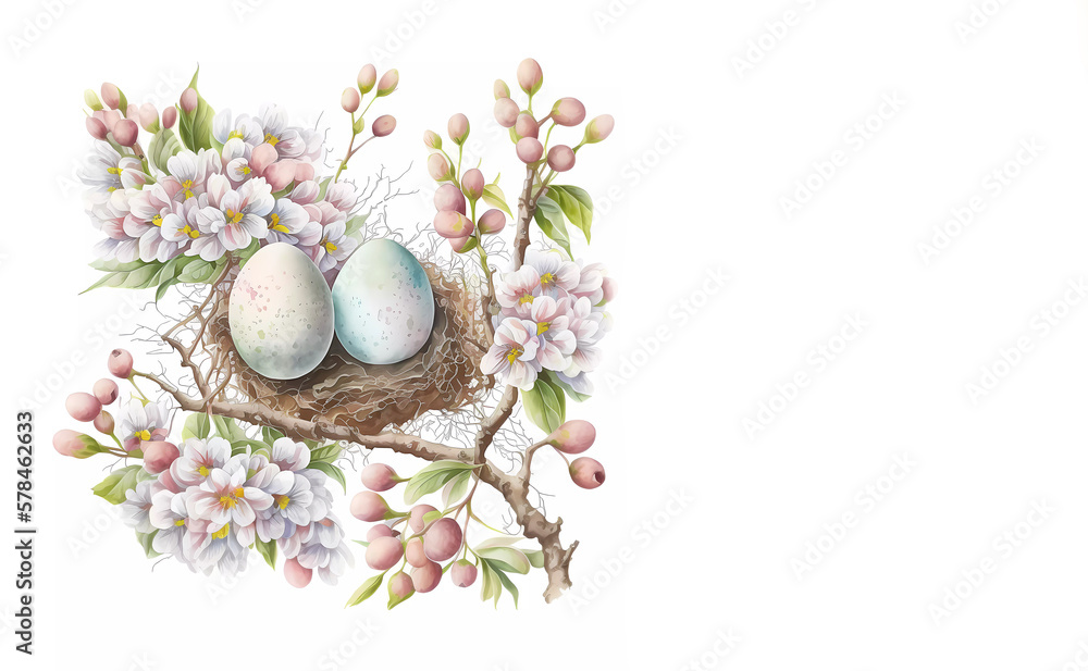 Easter. watercola, easter nest on a tree branch, on an isolated background. Banner. Copyright. generative AI Easter. watercola, easter nest on a tree branch, on an isolated background. Banner. Copyright. generative AI