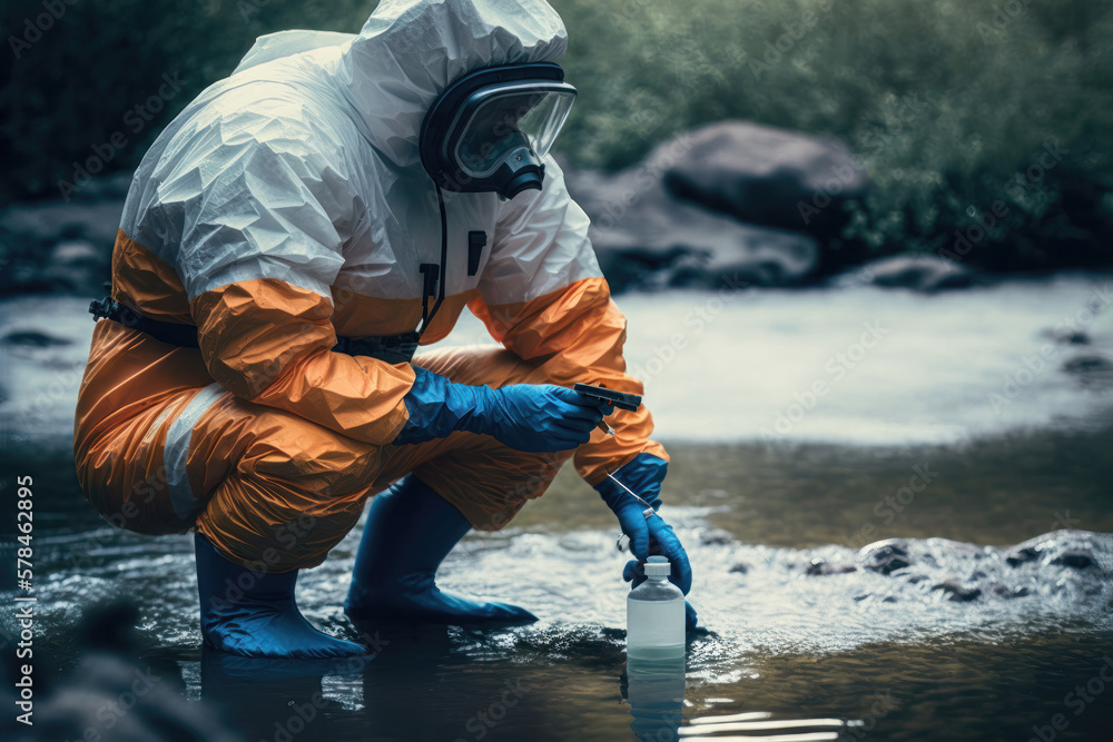 Protecting our Waterways: A Scientist Collecting Samples from a River in a Protective Suit. Generative ai - obrazy, fototapety, plakaty 