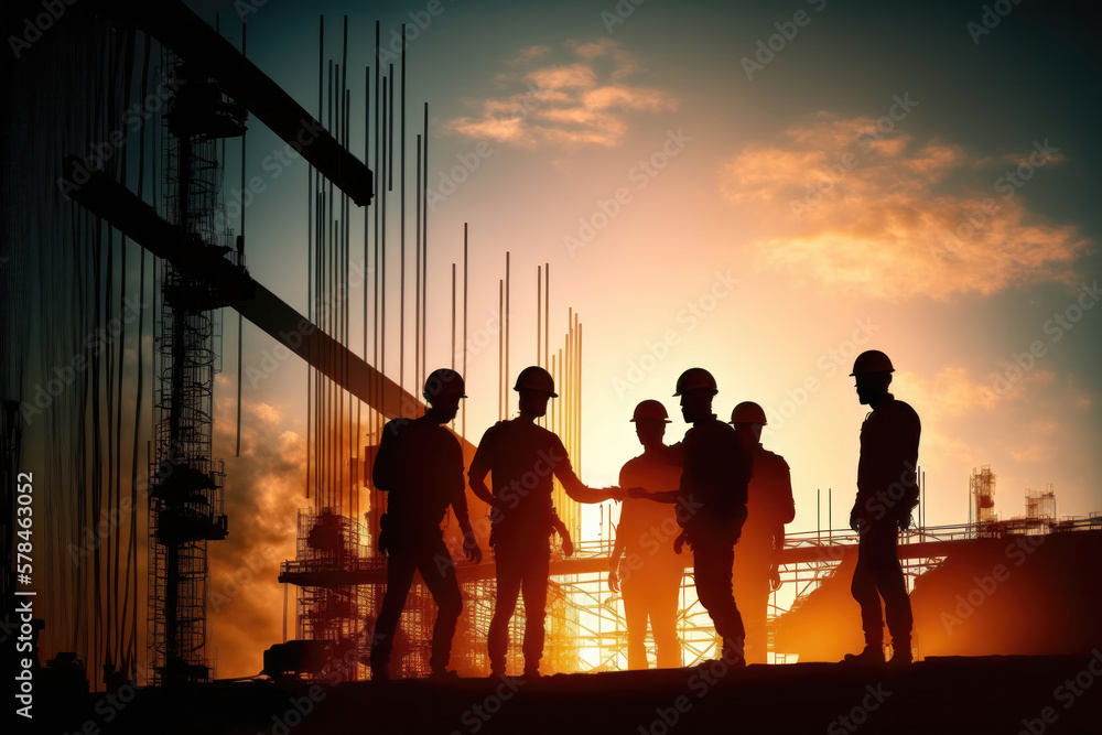 Fototapeta premium Building the Future: Survey Engineer and Construction Team at Work with Industrial Background and Light Flare Generative Ai