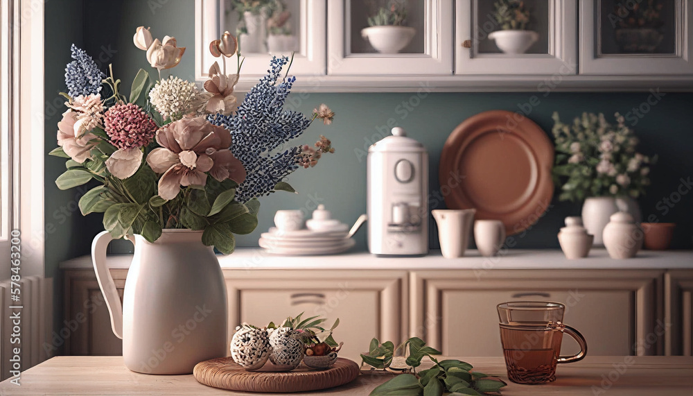 Fototapeta premium Rustic yet refined cream kitchen interior with lovely floral arrangements. Generative Ai