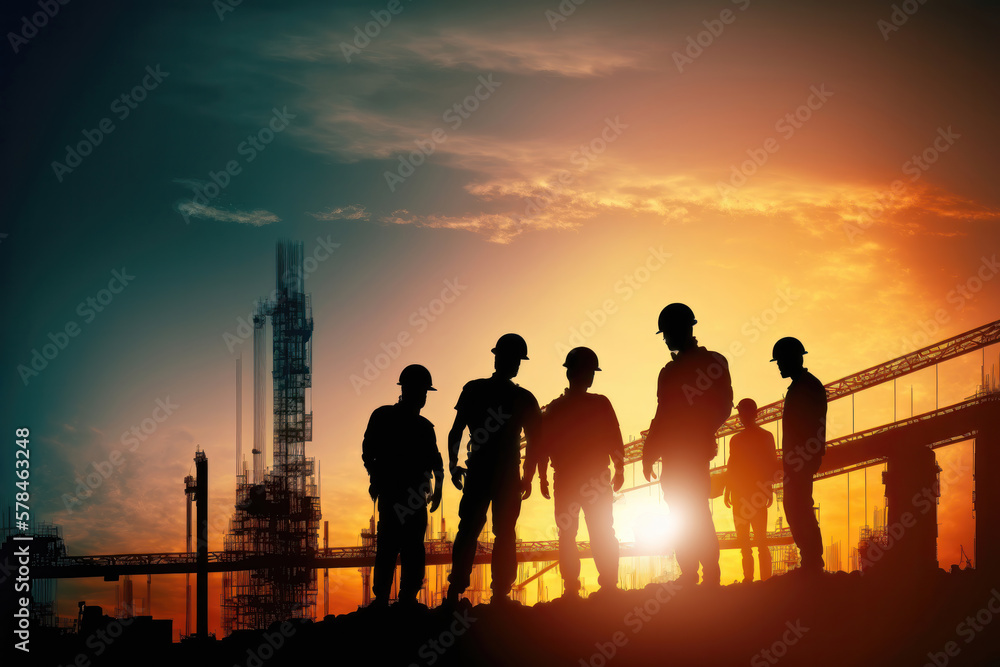 Fototapeta premium Building the Future: Survey Engineer and Construction Team at Work with Industrial Background and Light Flare Generative Ai