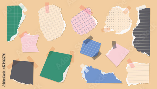 Scraps of paper for notes with tape. Set of vector isolated design elements for collage or scrapbooking.