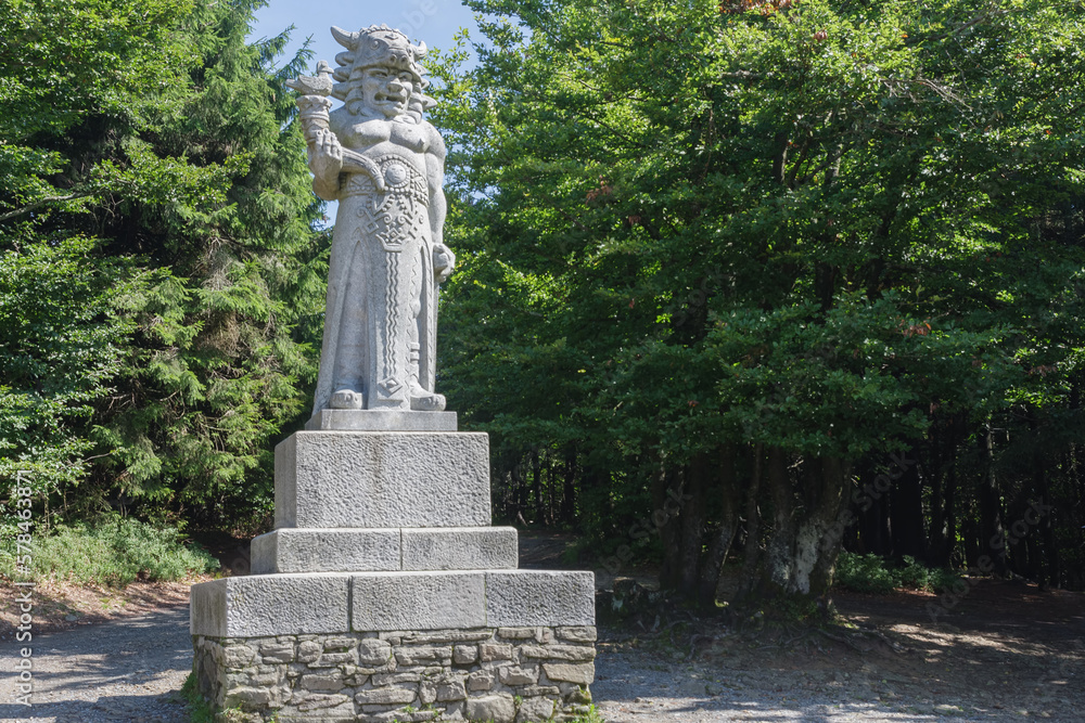 Statue of pagan god Radegast in summer day on Radhost, Beskid mountains, Czceh Republic.