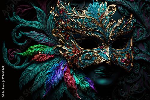 Fantasy Elaborately embroidered carnival festive fabrics with carnival mask, generative ai.