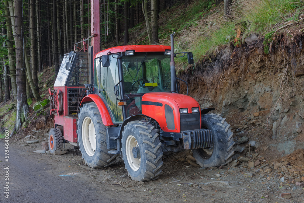 Tractor and forest cableway for timber concentration uphill, downhill on beskid mountains. Tractor and forest cableway for timber concentration uphill, downhill on beskid mountains.