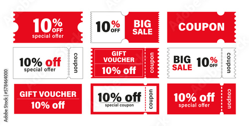 Discount coupon. coupon set, 10% off discount coupon, special offer, big sale, gift voucher, special coupon red vector illustration