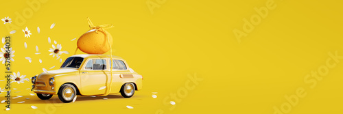 Canvas Print Cute yellow car with Easter egg on the roof