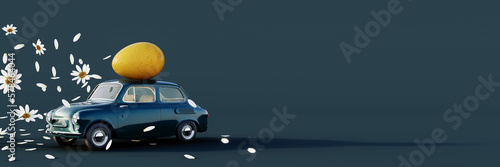 Photography Cute blue car with Easter egg on the roof