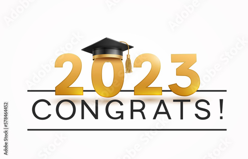 Graduate college, high school or university cap with Congrats gold 2023 on white background. Vector black student ceremony hat and congratulation ceremony banner