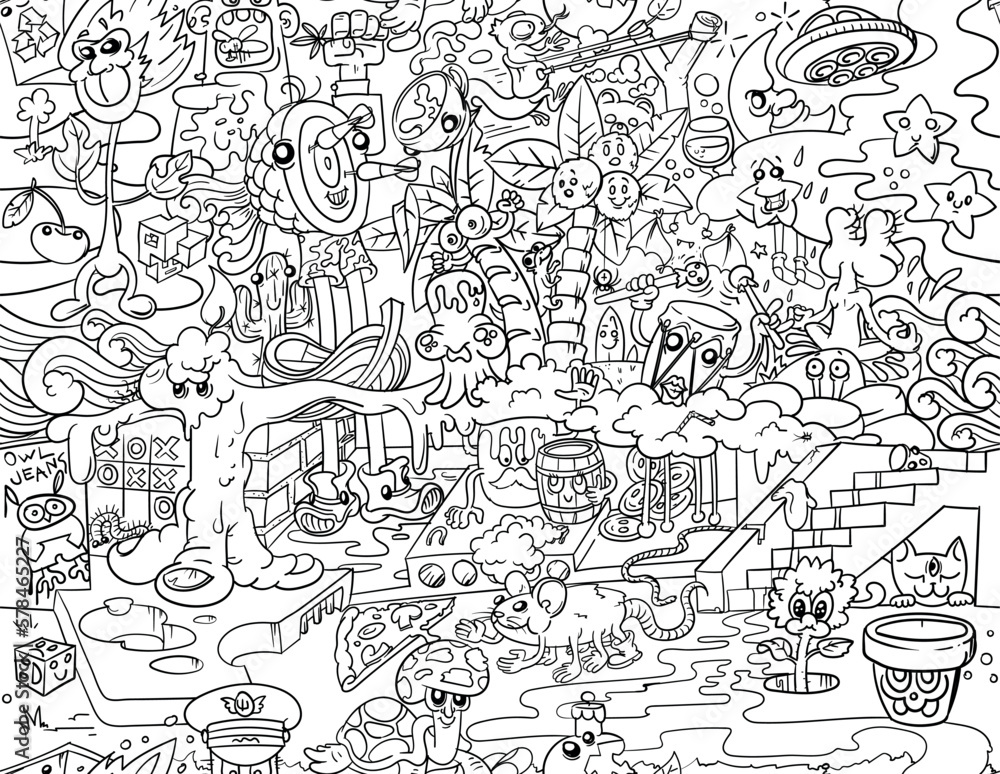 Doodle art which could be used as a coloring page, wallpaper for kids, black and white monochrome