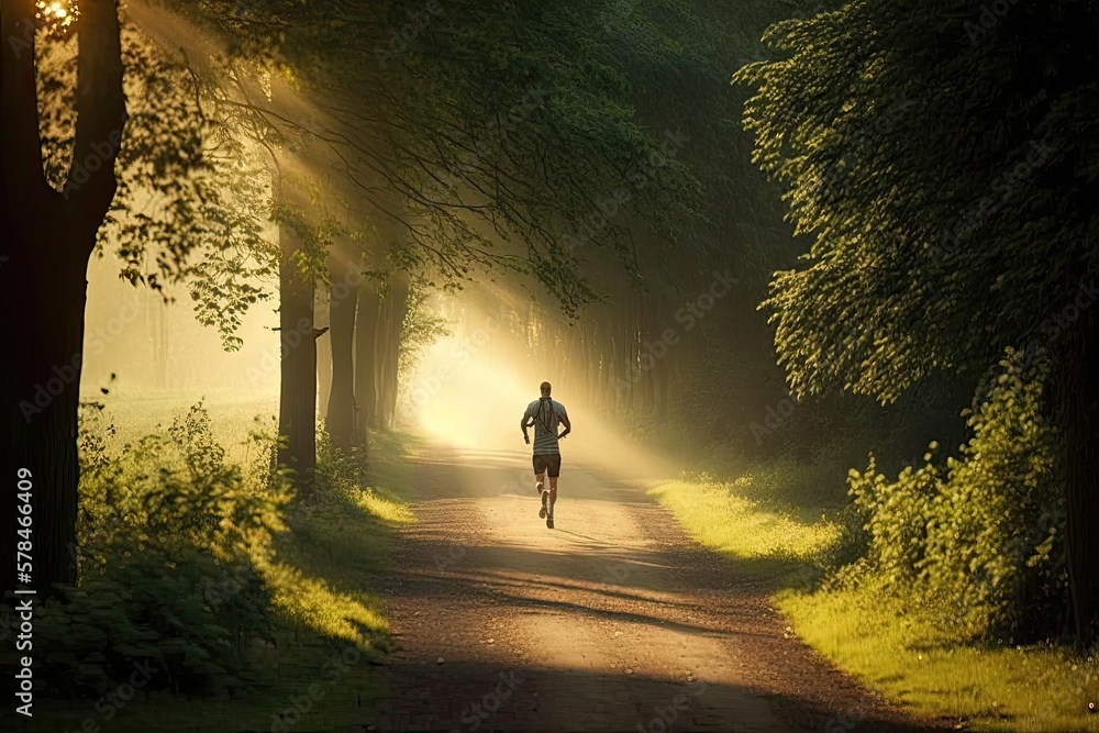 A person jogging in nature in the early morning hours. Fresh air, outdoor  exercise, scenic views, nature, physical activity, mental clarity, mood  boost. High resolution. Generative AI Stock Illustration