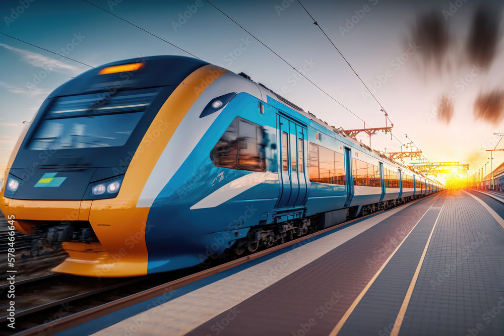 Fototapeta premium Speeding into the Sunset: High Speed Train at the Railway Station. Generative Ai