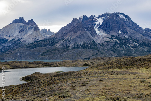 Impressive mountains and a lake with turquoise water at Torres del Paine National Park in Chile, Patagonia, South America