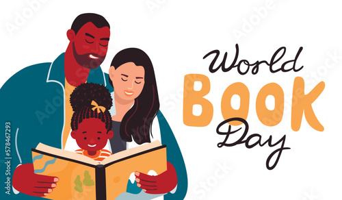 World Book Day banner with happy family.Dad, mom and daughter read book together. Young parents  with  child in fun and love. Mother, father and baby with storybook.Flat vector illustration on white.