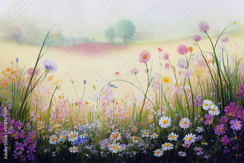 Flowers in the grass, Colorful flower meadow in spring, AI generated