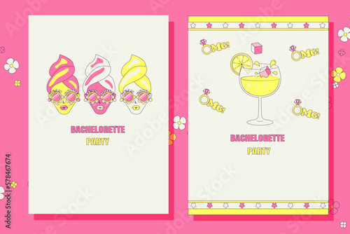 Bridal shower invitation cards in retro groovy style Vintage bachelorette party invite Templates for your design.