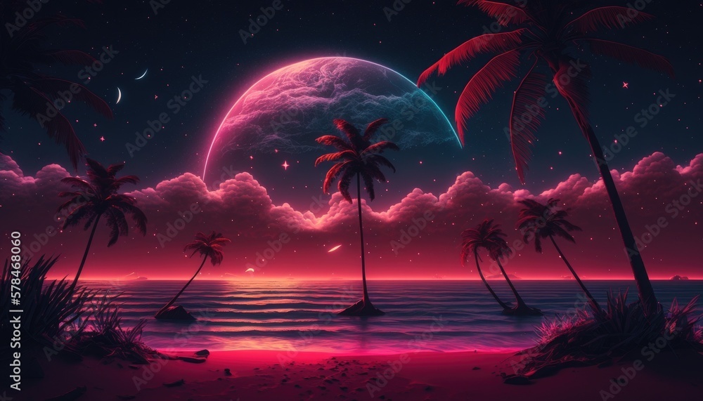 Beautiful night sky with stars, coconut tree, sea waves created with generative AI technology