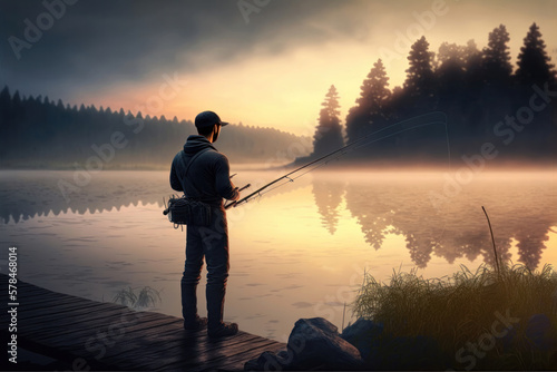 The Peaceful Serenity of Fishing: Young Man at Sunrise on Lake. Generative Ai
