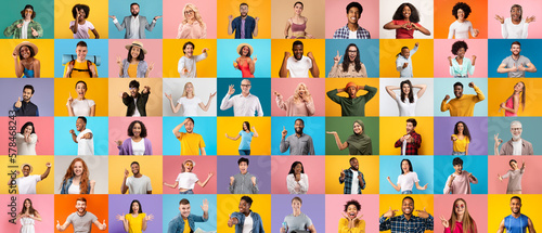 Collage Of Different Happy People Portraits Over Bright Studio Backgrounds