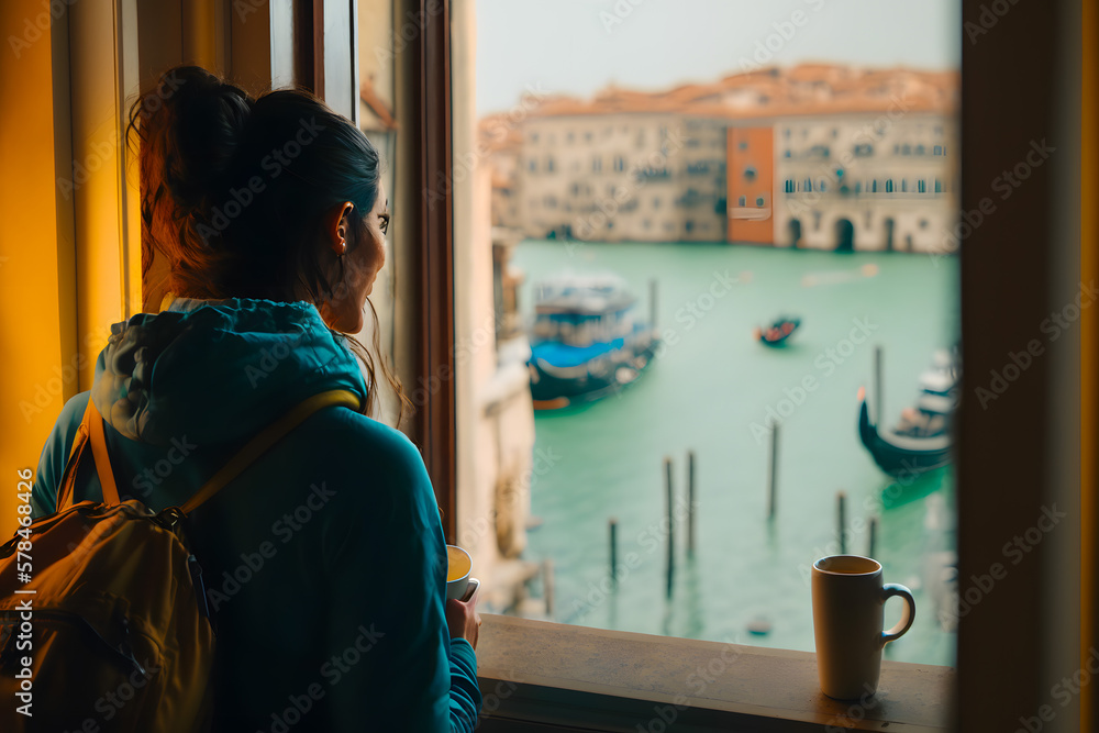 Girl traveler drinking morning cup coffee overlooking the city Venice Grand Canal, Italy from an open hotel window. Generative AI