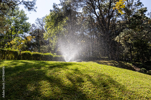 Water gushing from a sprinkler irrigation system on green grass in a public park, lush green trees in blurred background, hot sunny day, automatic watering sprinkler