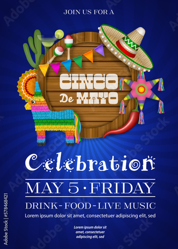 Cinco de Mayo poster with mexican symbols and wooden signboard. Cinco de Mayo flyer