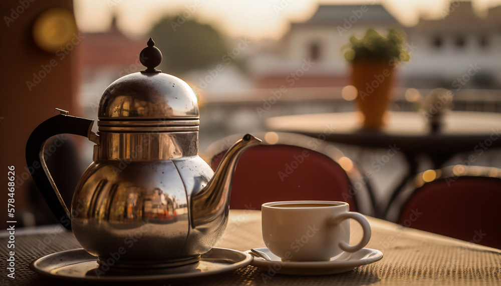 A Relaxing Rooftop Moment, Enjoying a Cup of Freshly Brewed Tea from a Kettle
