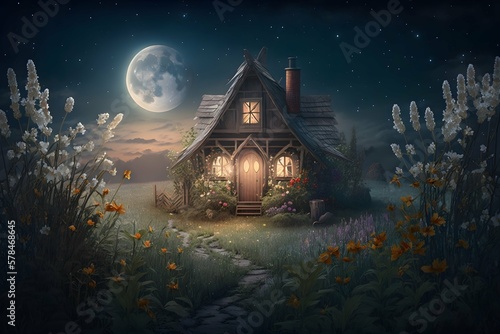 Fairy tale cabin in flower meadow bright moonlight. Generative AI