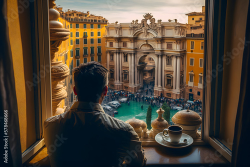 Man traveler drinking morning coffee overlooking the city view Trevi Fountain, rome, Italy from an open hotel window. Generative AI