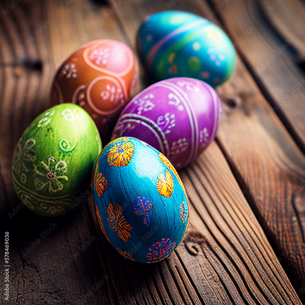 Colorful easter eggs on wood table close up Colorful easter eggs on wood table close up
