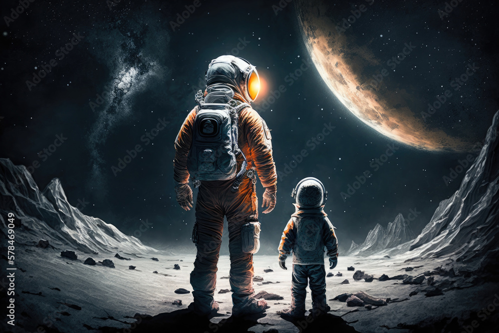 Obraz premium Astronauts in space suits on unknown planet surface. Father and son astronauts exploring space. Created with generative ai