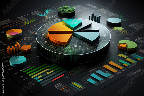 Obraz na płótnie Big data analytics report. Infographic with graph and chart on abstract background. Distribution of data by business categories. Created with Generative AI w salonie