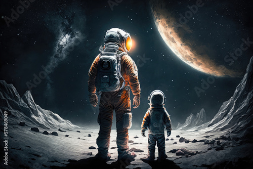 Canvas Print Astronauts in space suits on unknown planet surface