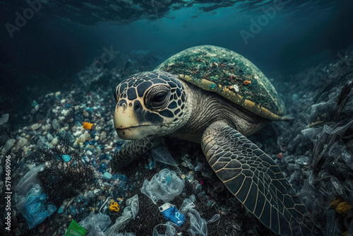 Ocean pollution concept. Turtle under water in sea and plastic waste. Problem in environmental system. Created with Generative AI