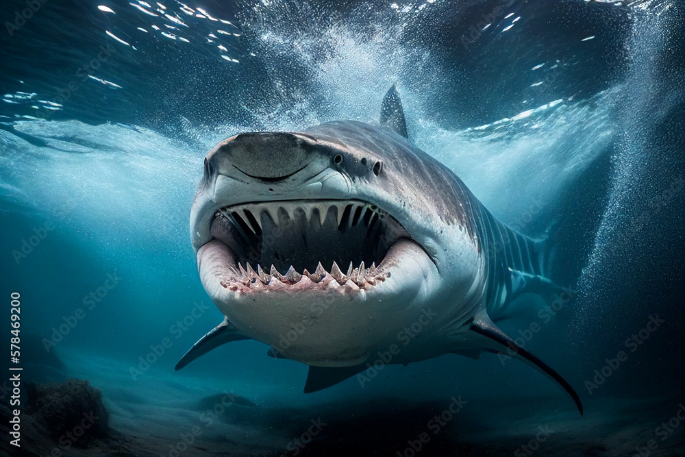 Naklejka premium Shark with open mouth and huge teeth during attack. Tiger shark underwater in ocean. Shark with open mouth and huge fangs underwater. Great white Predator fish hunt for prey in sea. Generative AI.