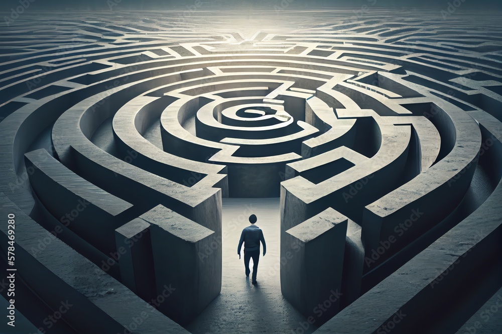 Man Walking Into Big Labyrinth. Finding Solution Concept. Generative AI Man Walking Into Big Labyrinth. Finding Solution Concept. Generative AI