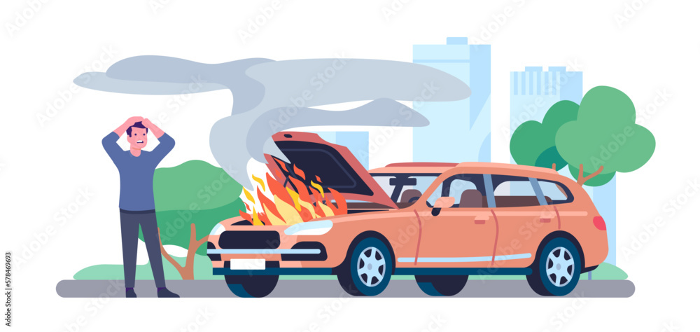 Vecteur Stock Car on fire. Flame and smoke billowing from under hood.  Burning automobile motor. Upset man driver. Road accident. Vehicle  insurance. Transport safety. Engine blazing. Vector concept | Adobe Stock